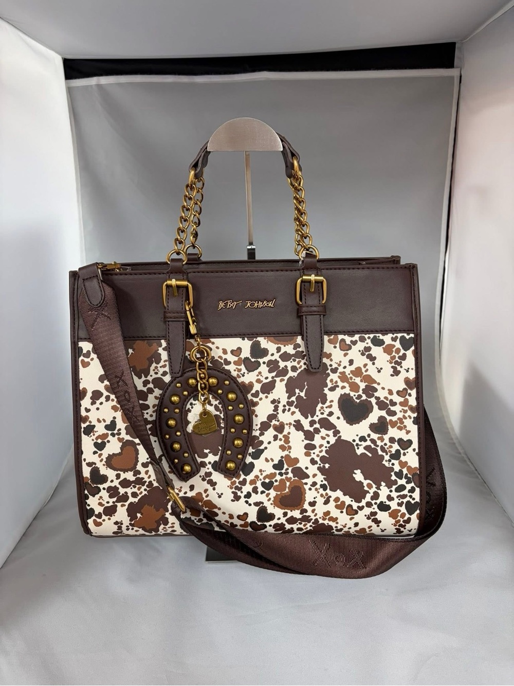 Brown Patterned Tote Bag with Gold Accent